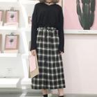 Set: Long-sleeve T-shirt + Plaid Midi Skirt