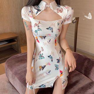 Short-sleeve Butterfly Print Cutout Mini Qipao