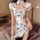 Short-sleeve Butterfly Print Cutout Mini Qipao