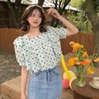 Short-sleeve Square Neck Dotted Blouse Dots - Light Green - One Size
