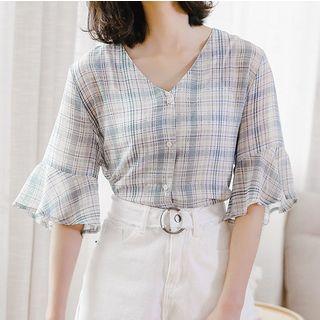 Elbow-sleeve Plaid Top Plaid - Blue & Green - One Size