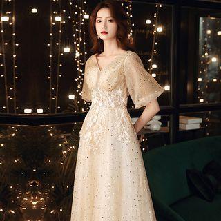 Elbow-sleeve V-neck A-line Evening Gown