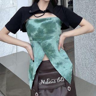 Set: Tie-dye Print Camisole Top + Short-sleeve Crop Top Green - One Size