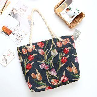 Tulip Embroidered Tote Bag Black - 35cm X 32cm