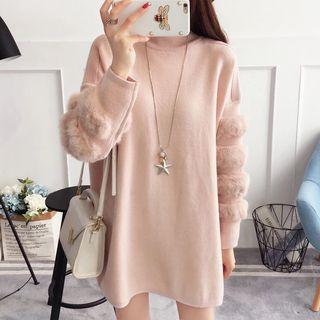 Furry-trim Mock-neck Long Knit Pullover