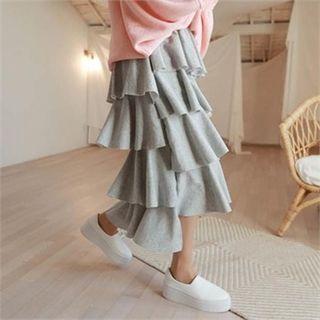 Band-waist Ruffle-tiered Long Skirt