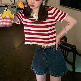 Striped Ice Silk Short-sleeve Knit Top