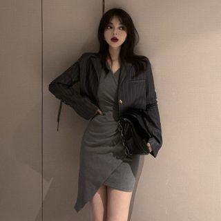 Long-sleeve Mini Sheath Dress / Striped Blazer