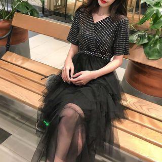 Short-sleeve Sequin Tiered Midi Mesh Dress