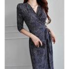 Wrap-front Dotted Midi Dress Navy Blue - One Size