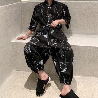 3/4-sleeve Geometric Print Shirt Jumpsuit