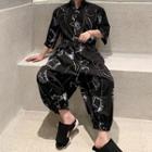 3/4-sleeve Geometric Print Shirt Jumpsuit