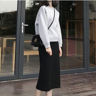 Set: Crew-neck Pullover + Back Slit Straight-fit Skirt
