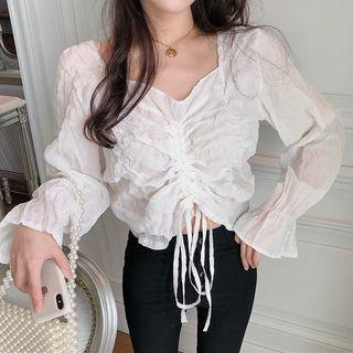 Drawstring Long-sleeve Blouse Almond - One Size