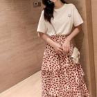Set: Short-sleeve Lettering T-shirt + Floral Print Midi A-line Skirt
