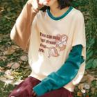 Color-block Sleeve Butterfly Print Sweater
