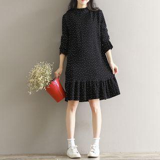 Long-sleeve Dotted Ruffle Trim A-line Dress