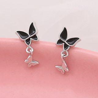 Butterfly Sterling Silver Drop Ear Stud 1 Pair - Black - One Size