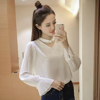 Plain V-neck Chiffon Long Sleeve Blouse