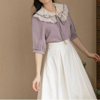 Set: Short-sleeve Ruffle Collar Blouse + Midi A-line Skirt