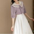 Set: Short-sleeve Ruffle Collar Blouse + Midi A-line Skirt