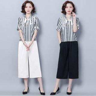 Set: Short-sleeve Striped Blouse + Wide Leg Pants