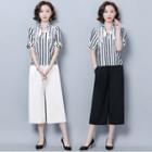 Set: Short-sleeve Striped Blouse + Wide Leg Pants