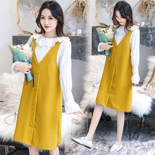 Peter Pan Collar Shirt + Buttoned Overall Dress