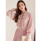 Tie-neck Balloon-sleeve Floral Blouse Pink - One Size