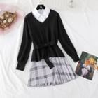 Plaid Mini Skirt / Lettering Shirt / Tie-waist Knit Top / Set