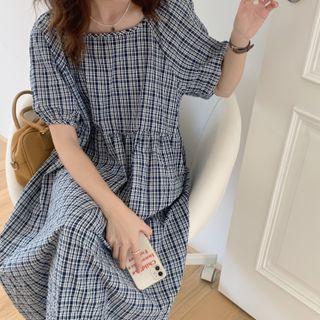 Puff-sleeve Plaid Drawstring Dress Check - One Size