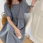Puff-sleeve Plaid Drawstring Dress Check - One Size