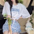 Elbow-sleeve Lettering Tie-front T-shirt / Floral Mini Skirt