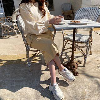 Balloon-sleeve Plain Sweatshirt Cream - One Size