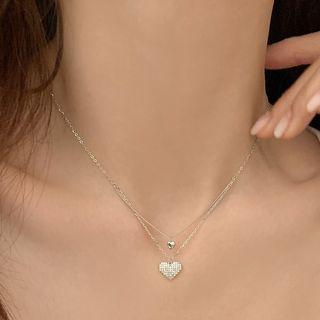 Heart Rhinestone Pendant Sterling Silver Choker 1pc - Silver - One Size