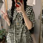 Short-sleeve Wide Collar Gingham Check Blouse Black & Almond - One Size