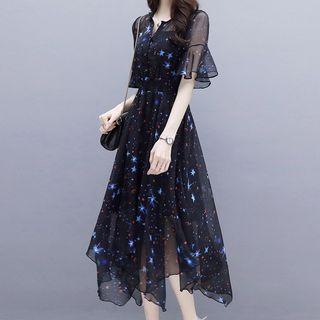 Bell-sleeve Midi Star Print Chiffon Dress