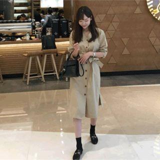 Collarless H-line Shirtdress With Sash Beige - One Size