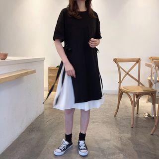 Set: Elbow-sleeve Long T-shirt + Spaghetti Strap Pleated Dress