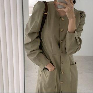Puff-sleeve Button-up Midi A-line Dress