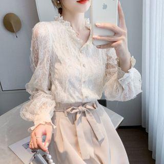 Ruffled V-neck Lace Blouse
