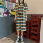 Short Sleeve Rainbow Stripe Polo Dress As Shown In Figure - One Size