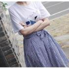Set: Short-sleeve Printed T-shirt + Striped Midi A-line Skirt
