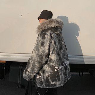 Faux Fur Trim Tie-dye Hooded Zip Jacket