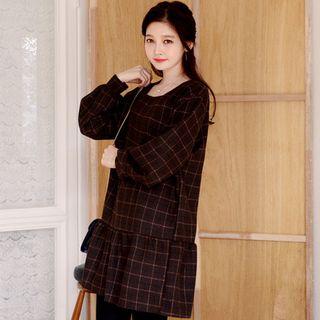 Square-neck Puff-sleeve Check Dress
