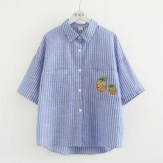 Pineapple Embroidered Striped Short-sleeve Shirt