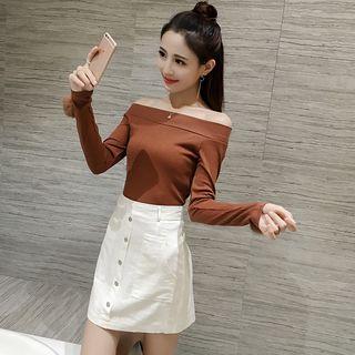 Pompom Off Shoulder Long Sleeve T-shirt