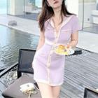 Short-sleeve Two-tone Knit Mini Dress