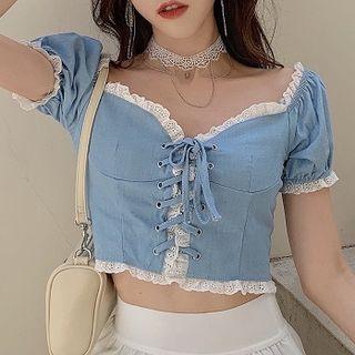Off-shoulder Lace-up Lace Trim Top Light Blue - One Size