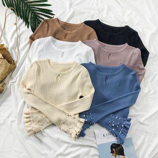 Faux-pearl Ruffled Knit Top